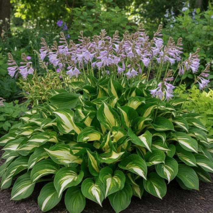 Funkia falista Variegata Hosta undulata kwitnąca kępa liliowe kwiaty bylina cieniolubna o skręconych liściach do ogrodu   Nazwa pliku: funkia-hosta-undulata-variegata-