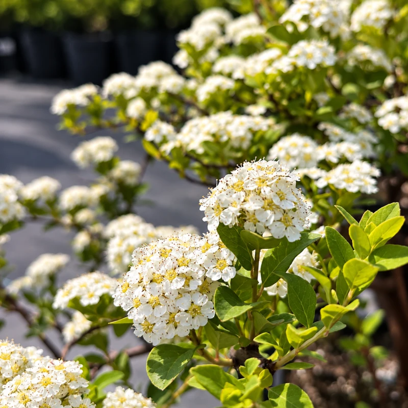 Tawuła nippońska June Bride kwiaty Spiraea nipponica makro zbliżenie na białe kwiatostany tawuły wczesnej krzew miododajny maj