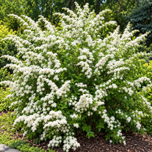 Tawuła nippońska June Bride w ogrodzie Spiraea nipponica soliter fontannowy krzew liściasty o białych kwiatach mrozoodporny