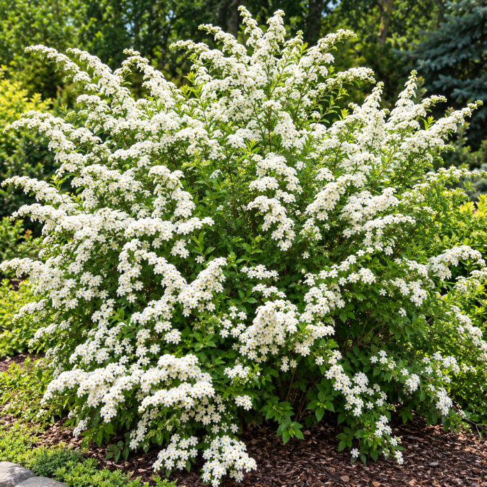 Tawuła nippońska June Bride w ogrodzie Spiraea nipponica soliter fontannowy krzew liściasty o białych kwiatach mrozoodporny