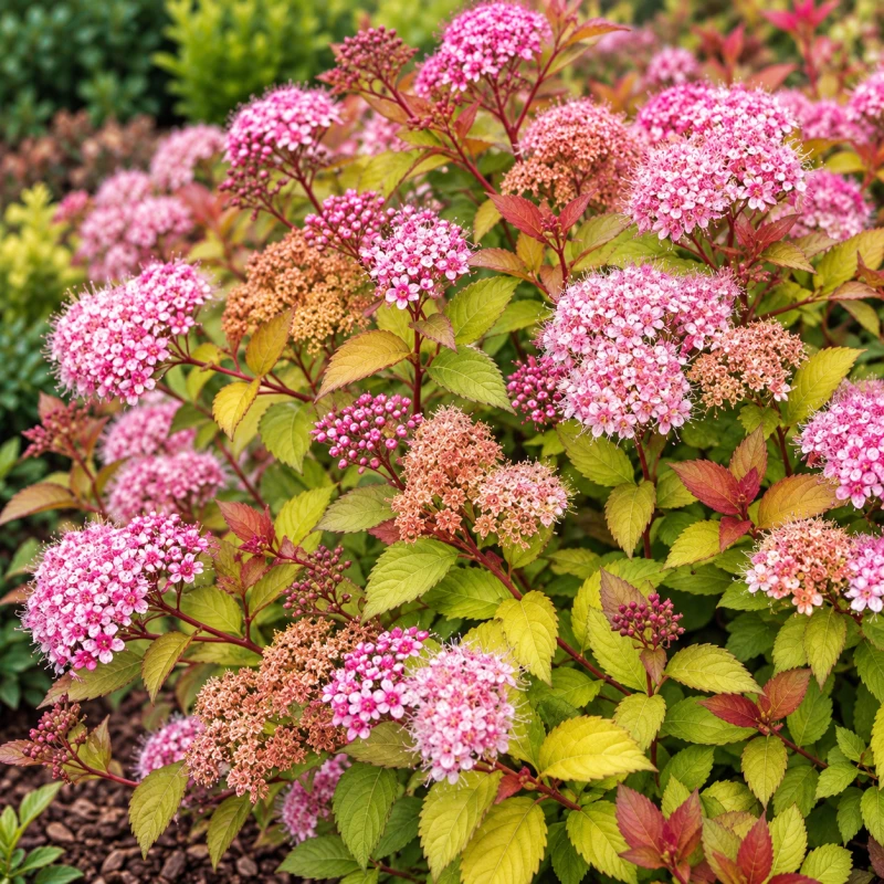 Tawuła Macrophylla w ogrodzie Spiraea japonica kwitnący krzew wielobarwne liście i różowe kwiaty tawuły roślina na rabaty i szpalery