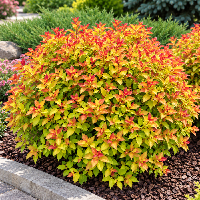 Tawuła japońska Firelight w ogrodzie Spiraea japonica kulisty pokrój żółto-czerwony krzew na obwódki i rabaty soliter