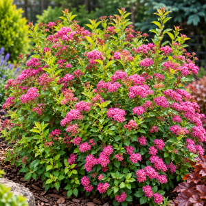 Tawuła gęstolistana Spiraea densiflora w ogrodzie kwitnący krzew na rabaty różowa tawuła krzew liściasty miododajny