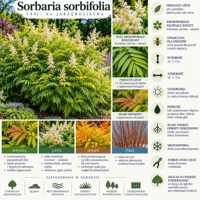Tawlina jarzębolistna infografika Sorbaria sorbifolia uprawa wymagania cięcie krzew o pierzastych liściach i białych wiechach