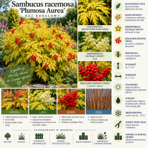 Bez koralowy Plumosa Aurea infografika Sambucus racemosa uprawa wymagania cięcie złocisty krzew z czerwonymi owocami