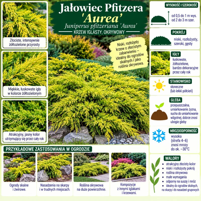 ałowiec Pfitzera Aurea infografika Juniperus pfitzeriana uprawa i wymagania krzew iglasty okrywowy o złocistym zabarwieniu