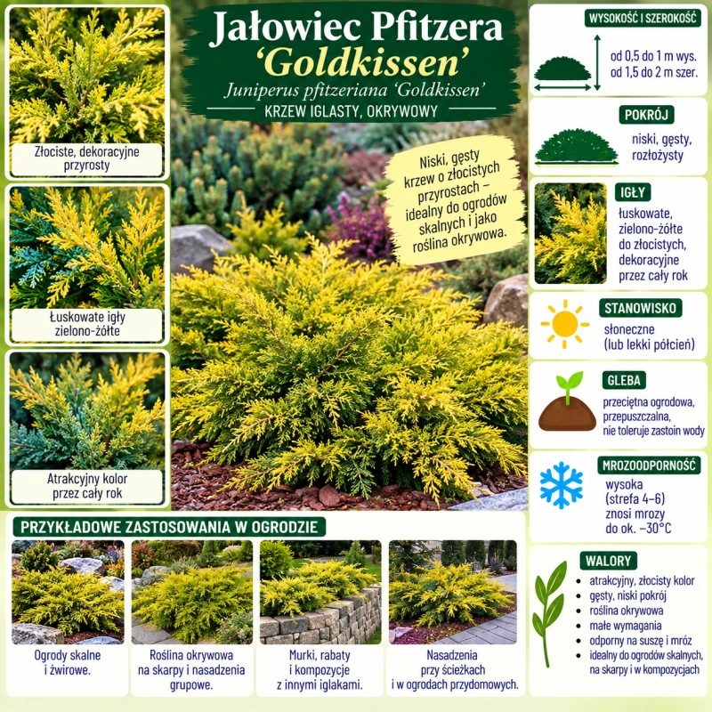 Jałowiec Pfitzera Goldkissen infografika uprawa Juniperus pfitzeriana wymagania niski gęsty krzew iglasty o złocistych przyrostach