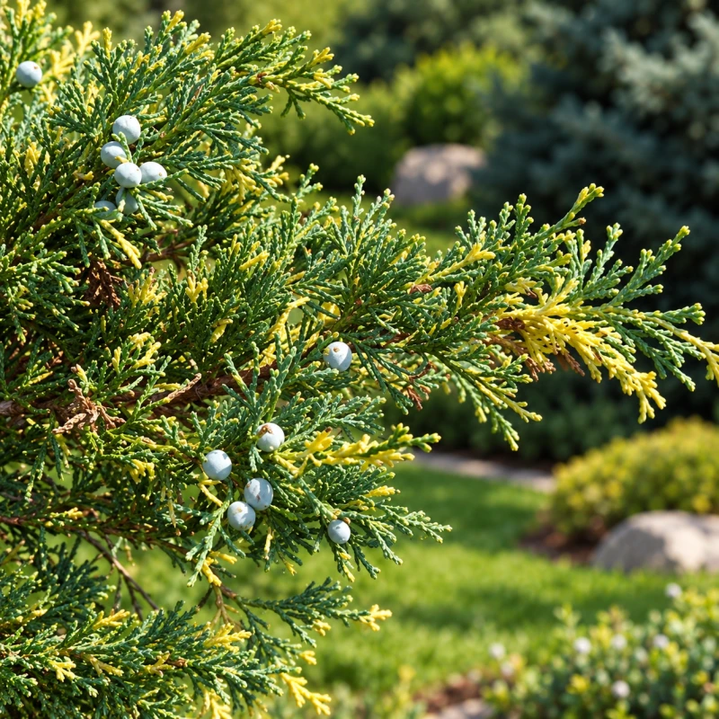 Jałowiec pośredni Blue and Gold szyszkojagody Juniperus pfitzeriana igły makro ozdobne owoce i dwukolorowe pędy jałowca roślina do ogrodu