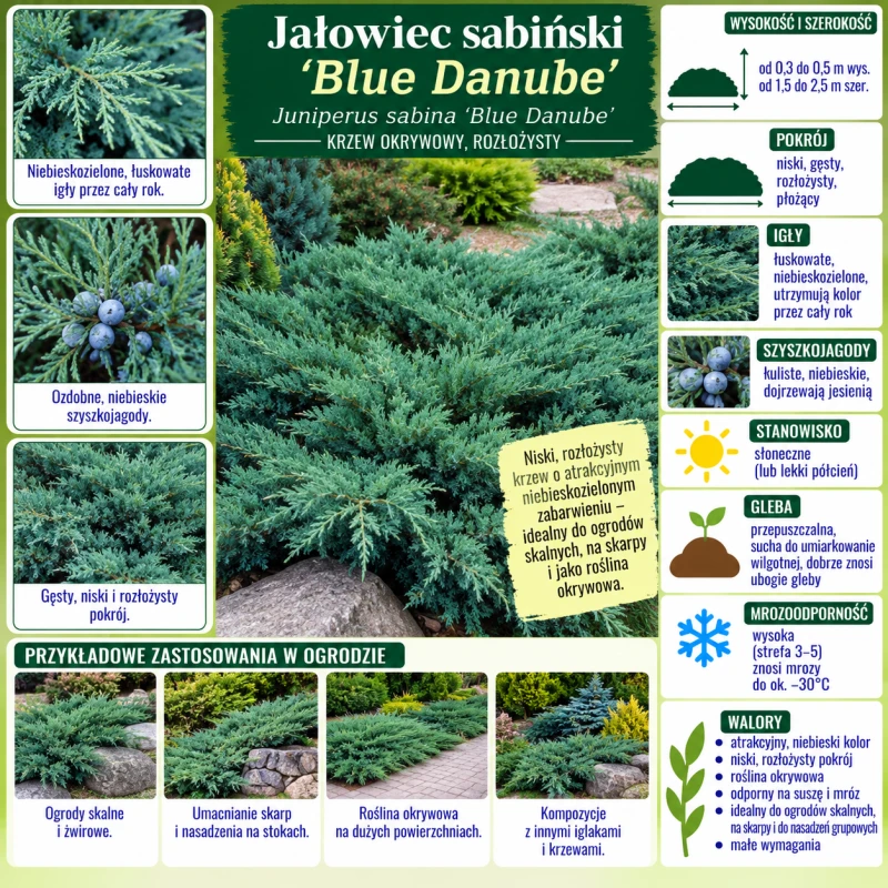 Jałowiec sabiński Blue Danube infografika uprawa Juniperus sabina wymagania odporny krzew iglasty na skarpy i murki