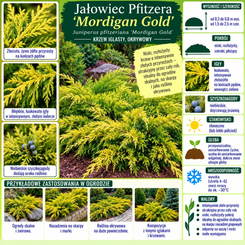 Jałowiec Pfitzera Mordigan Gold infografika uprawa Juniperus pfitzeriana wymagania niski rozłożysty krzew iglasty o złocistych przyrostach