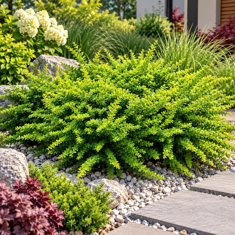 Berberys Green Carpet na rabacie żwirowej Berberis thunbergii soliter zielony krzew okrywowy do ogrodu nowoczesnego roślina na skarpy