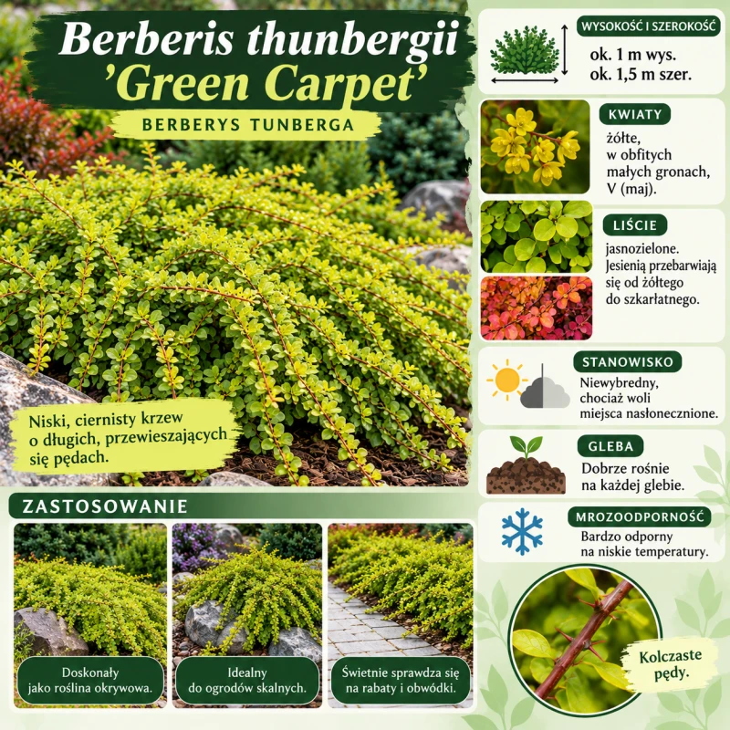 Berberys Thunberga Green Carpet infografika uprawa Berberis thunbergii wymagania niski ciernisty krzew okrywowy na skarpy i murki