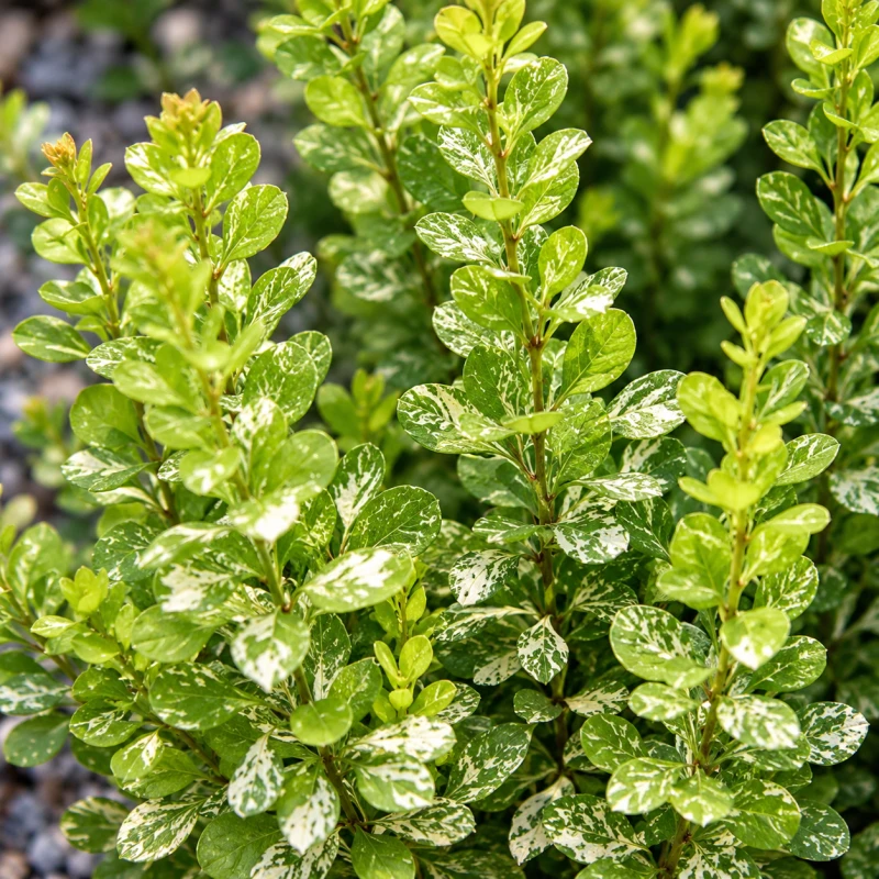 Berberys Thunberga Powwow liście pstre Berberis thunbergii kolumnowy zielono-biały krzew ciernisty o nakrapianych liściach makro