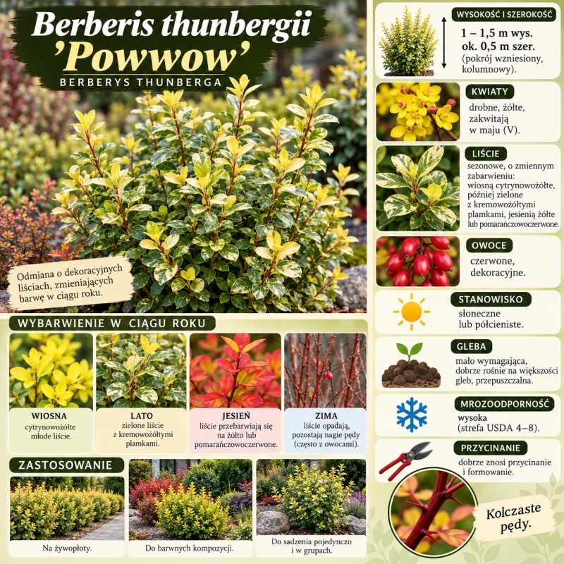 Berberys Thunberga Powwow infografika uprawa Berberis thunbergii wymagania kolumnowy krzew o zmiennym zabarwieniu liści na żywopłoty