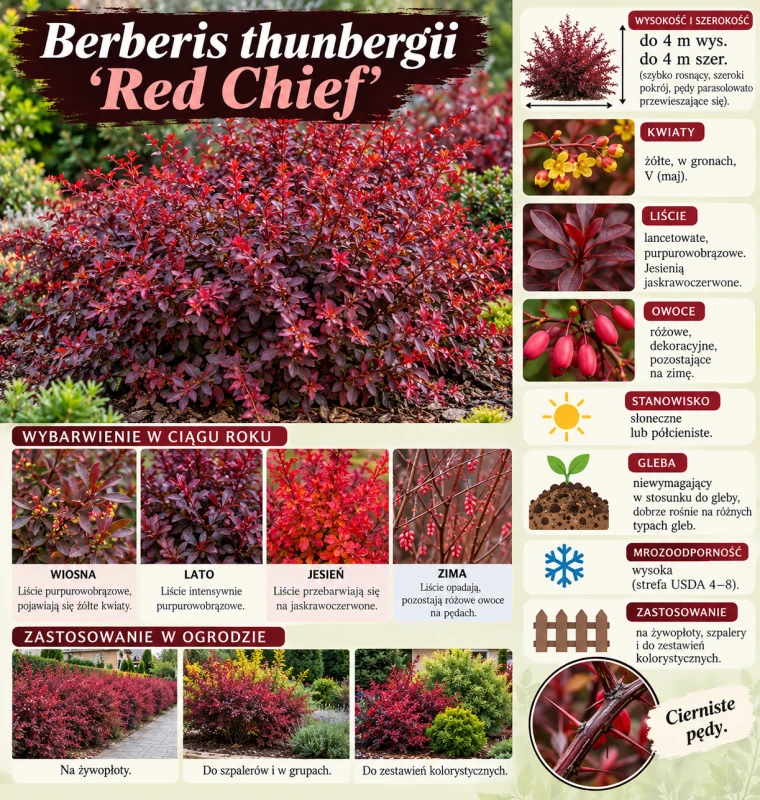 Berberys Thunberga Red Chief infografika uprawa Berberis thunbergii wymagania rozłożysty krzew ciernisty o purpurowych liściach na żywopłoty